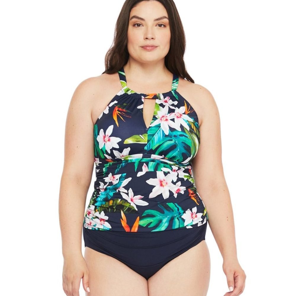 NWT LAUREN RALPH LAUREN Plus Watercolor Tropical High Neck Tankini Top Sz 20